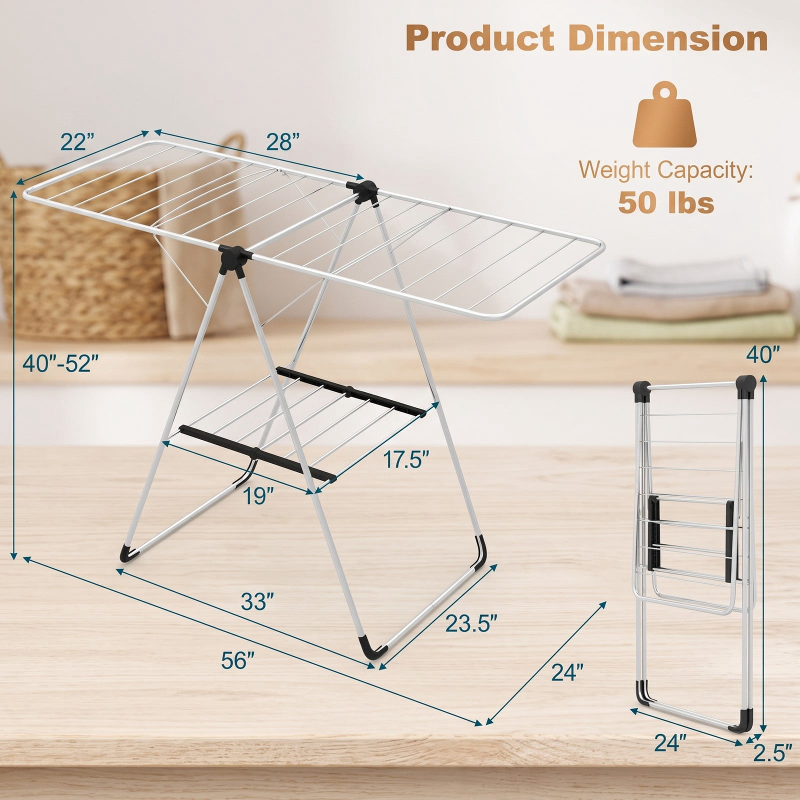 Fenbeli 2-Tier Laundry Drying Rack, Foldable Clothes Drying Rack with Rust-Proof Aluminum Frame, Space-Saving Collapsible Garment Air Dryer Stand for Balcony, Silver