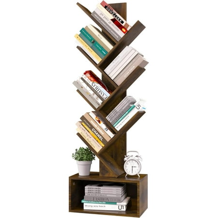 Tree Bookshelf - 6 Shelf Retro Floor Standing Bookcase, Tall Wood Book Storage Rack for CDs/Movies/Books, Utility Book Organizer Shelves for Bedroom, Living Room, Home Office