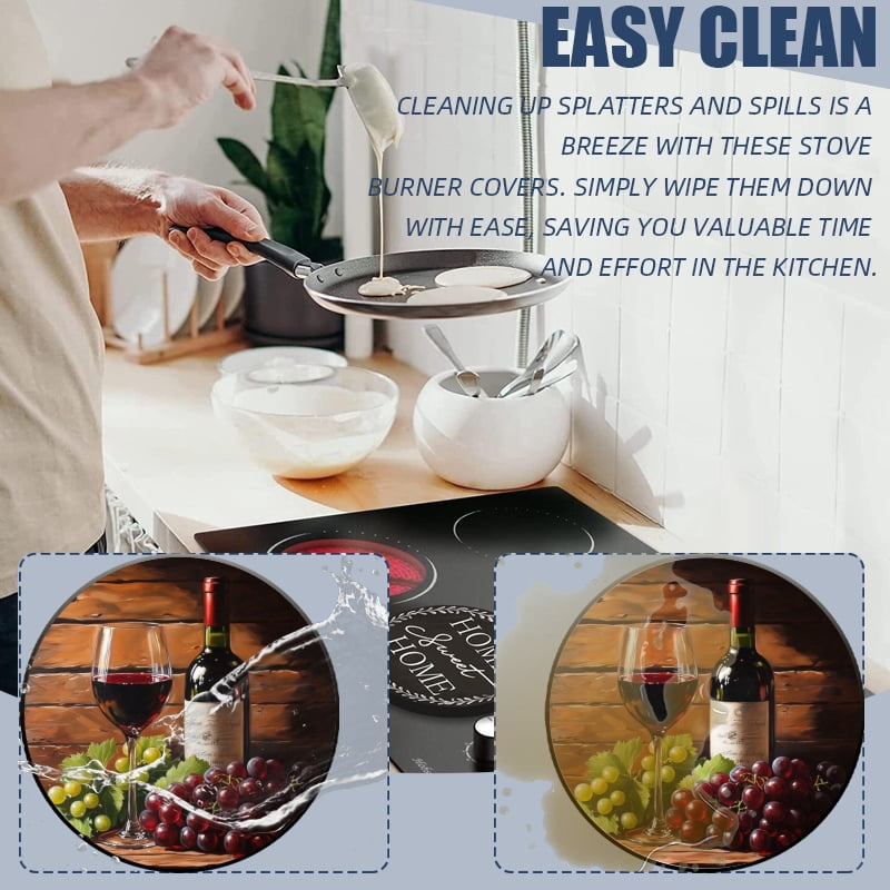 Round Burner Covers for Electric Stove, Wine and Grapes Metal Durable Stovetop Decor Gas Stove Burner Covers Set of 4 for Kitchen Accessories, 8 Inches and 10 Inches