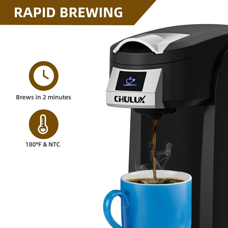 Chulux Small Coffee Maker Single Serve, Travel One Cup Pod Coffee Maker for K Cup and Ground Coffee, Coffee Machine with 5 to 12oz Brew Sizes, Black