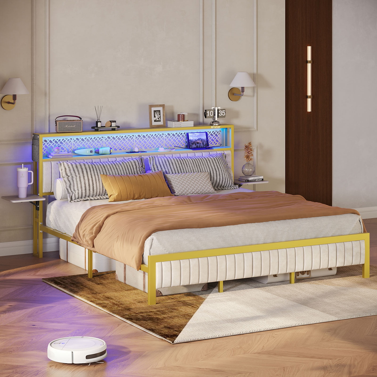 Bestier Queen Size Bed Frame Upholstered LED Platform Bed with Foldable Trip Shelves and Storage Headboard Charge Station, Off White