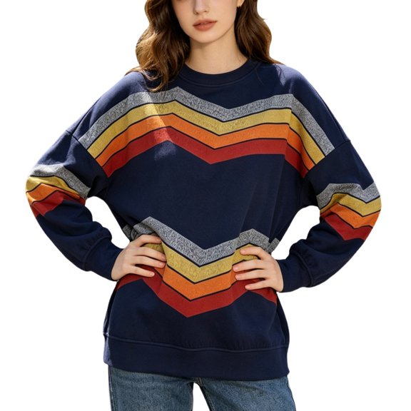 Women's Sweatshirt Fall Outfits for Women Cute Tops Loose Fit Casual Tops for Women Striped Pullover Crew Neck Baggy Shirts Casual Shirts for Women Workout Tops for Women,Blue,L