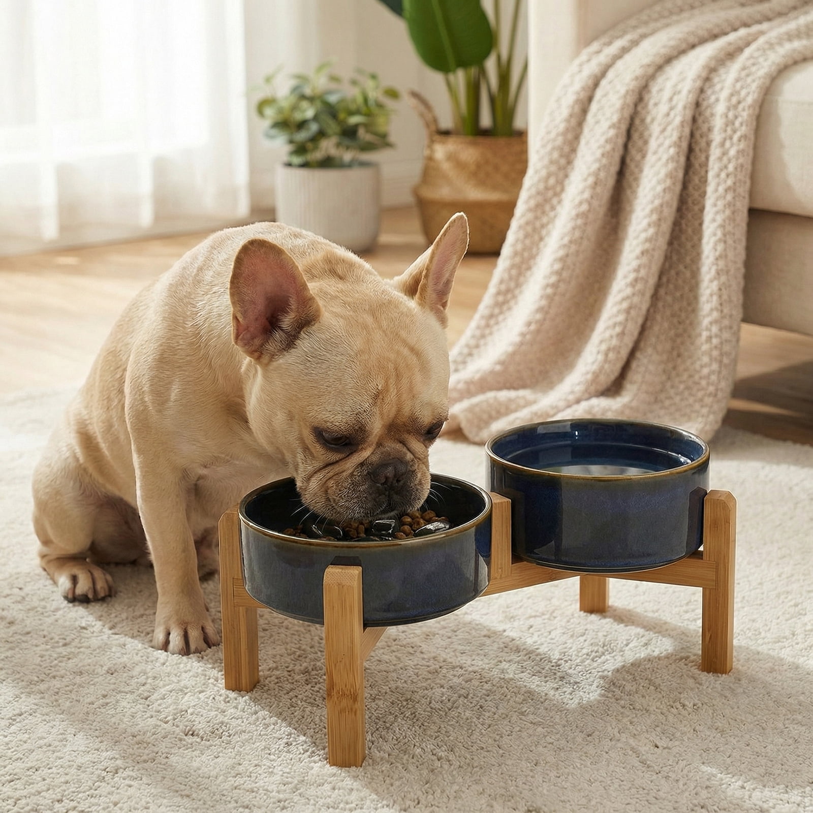 JoyPetto Elevated Slow Feeder & Water Bowl Set, Adjustable Bamboo Stand for Small Dogs & Cats, Ceramic Raised Bowls 27 oz, Dishwasher Safe, Dark Blue