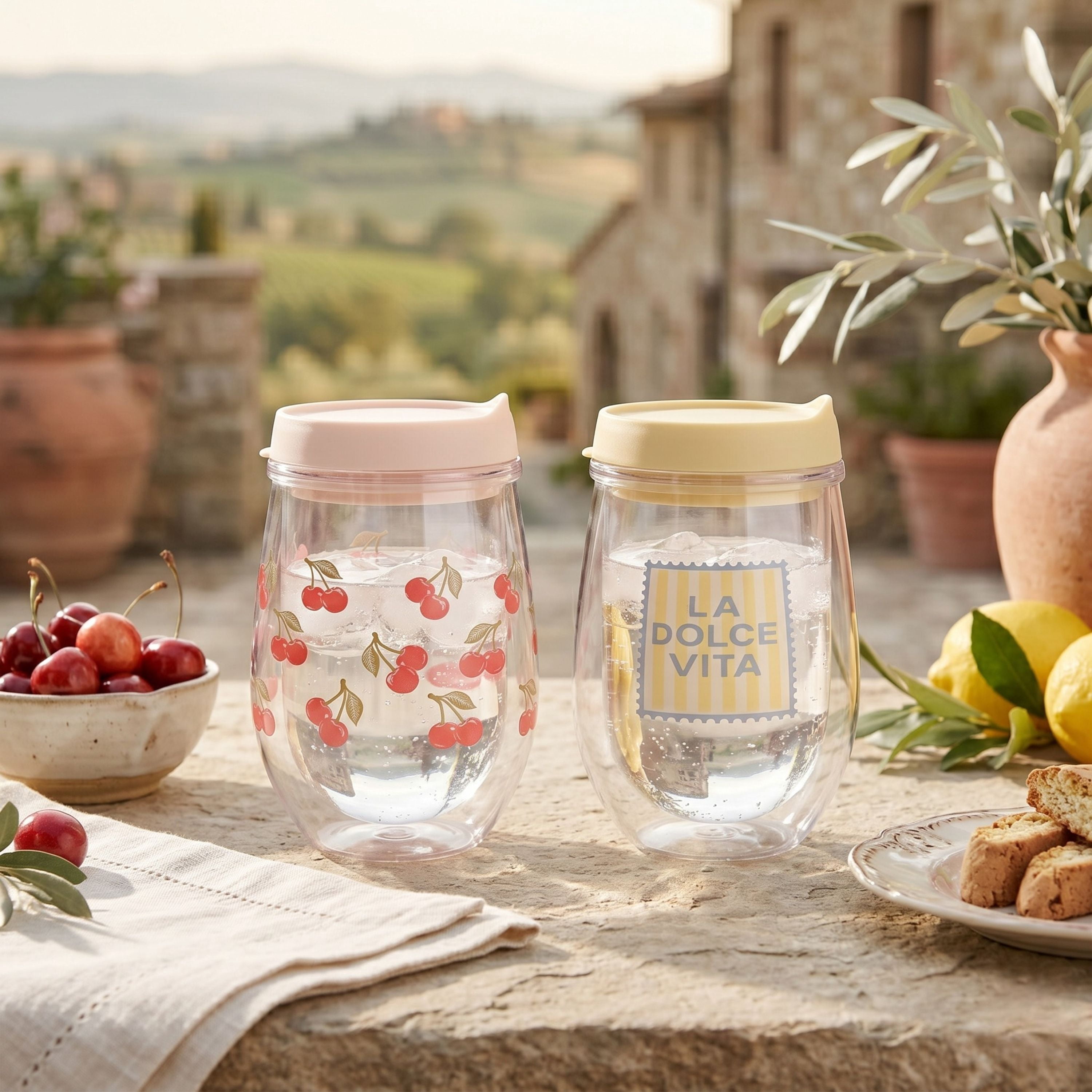 Just Feed Me by Jessie James Decker 2-Pack 12oz Printed Wine Tumbler Set, Dolce Vita and Cherry
