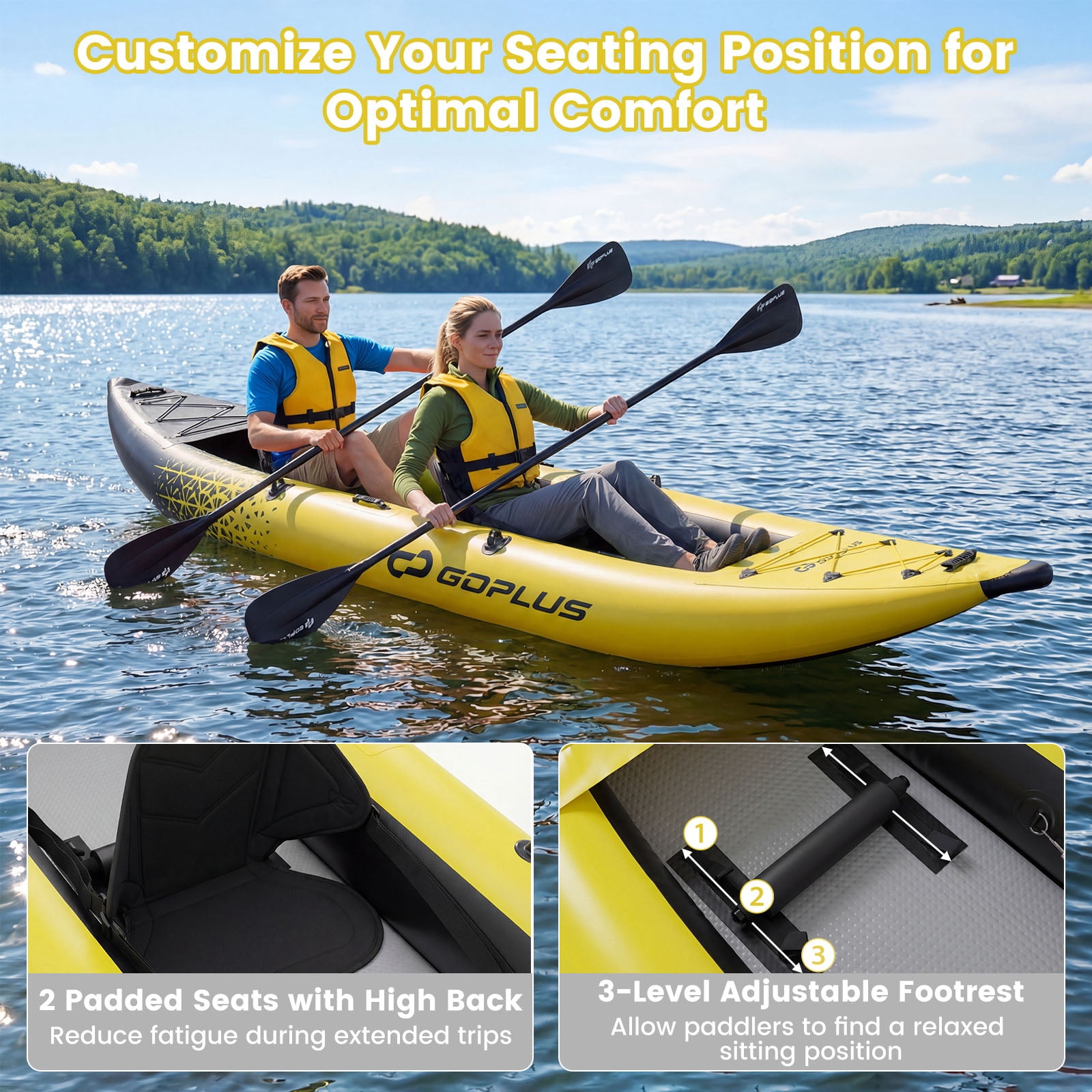 Costway Inflatable Kayak Set Portable 2-person Kayak with Aluminium Oars EVA Padded Seat Yellow