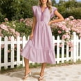 thumbnail image 2 of WRKEKC Robes Midi pour Femmes à Rayures à Double Volant Manches Courtes Col en V Midi Entretien Facile Extensible Confort Chic Doux, 2 of 5