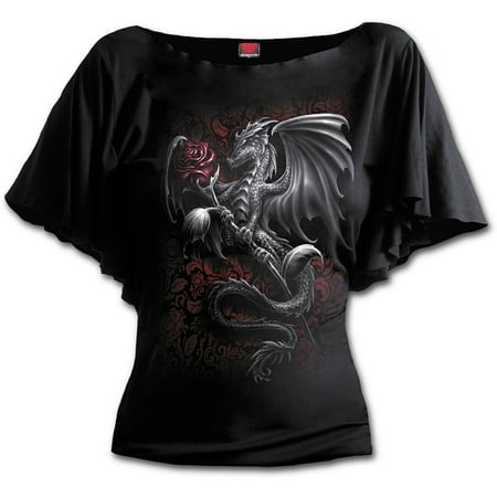 Spiral Direct DRAGON ROSE Viscose Boat Neck Bat Sleeve Top BlackDragon |Roses |Wings |Gothic