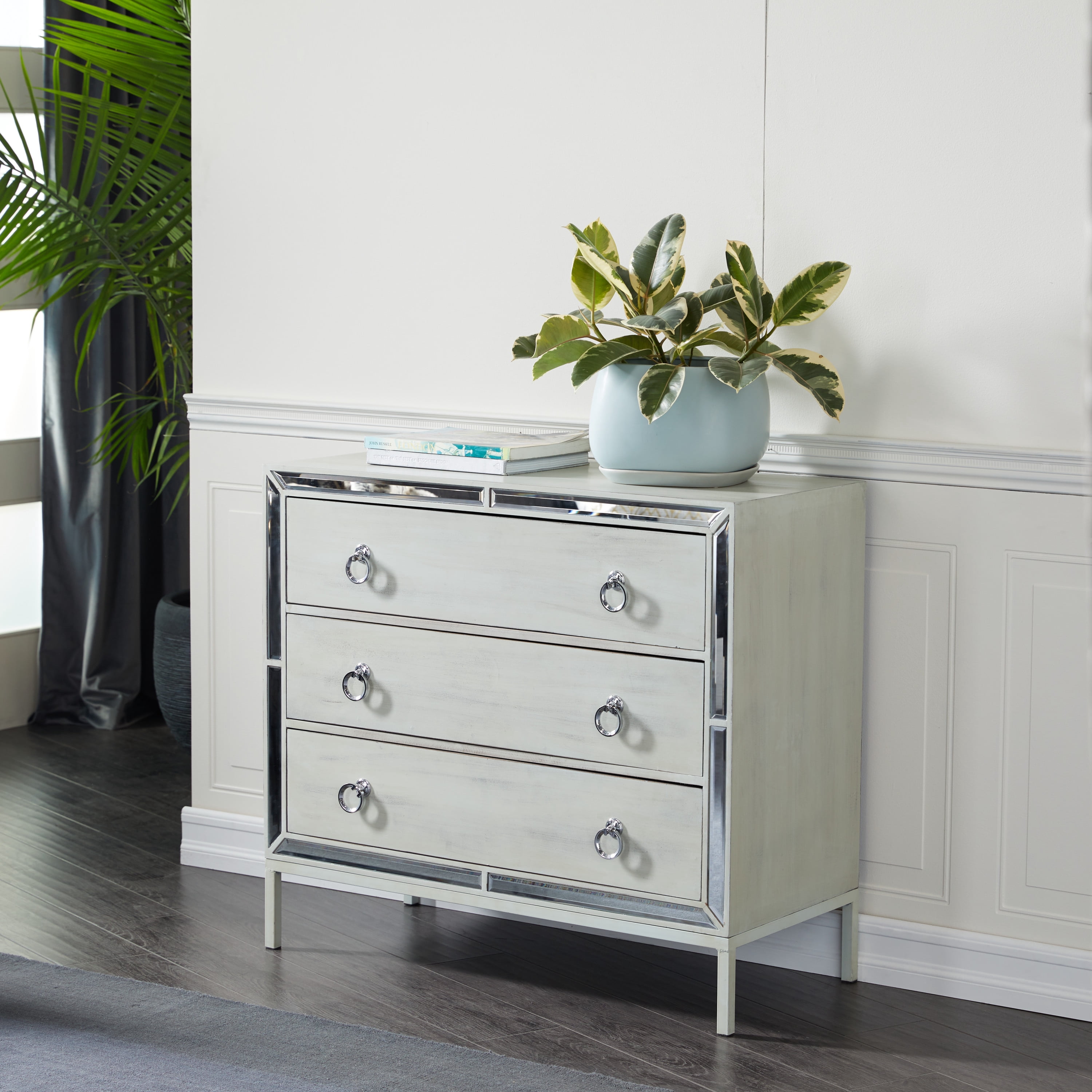 DecMode 36" x 32" Cream Wood Chest with Ring Handles, 1-Piece