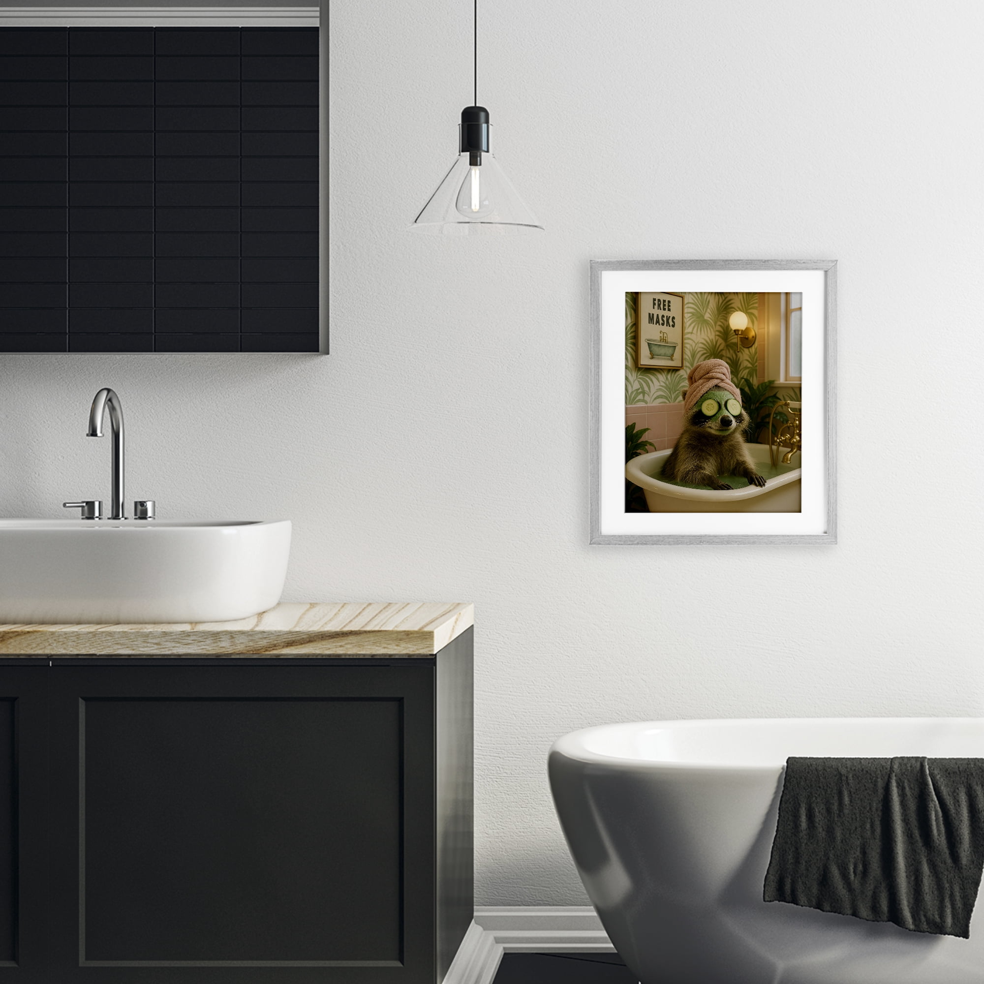 Stupell Industries Raccoon Spa Day Bath Gray Framed Print Under Glass, design by Grotto Studios