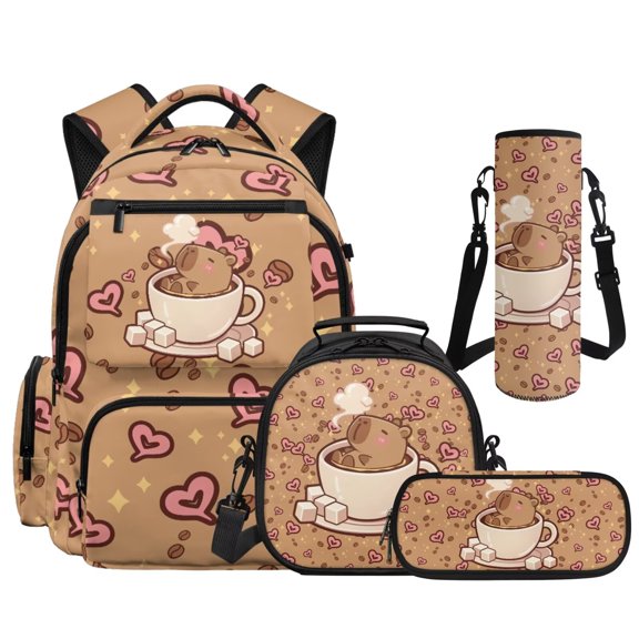 Aplkyhs Capybara Heart 4Pcs Kids Backpack for Girls with Lunch Box Pencil Case Water Bottle Carrier with Strap Suitable for Elementary Middle School High School