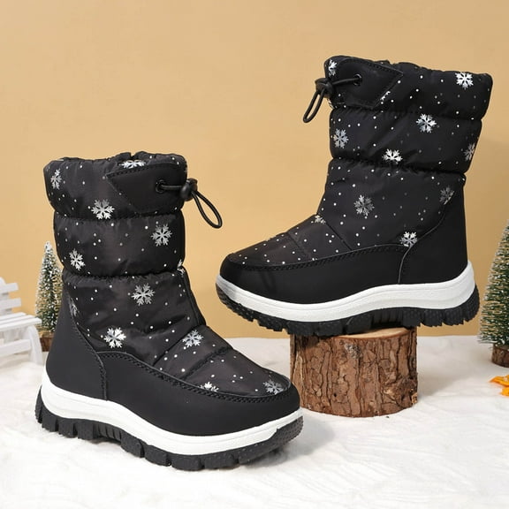 Cethrio Big Girls Snow Boots, Mid Calf Non-slip Warm Skiing Winter Shoes Black Size 1(Big Kids)