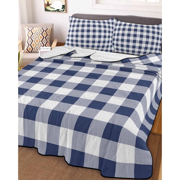Navy Blue White Plaid Full Size Down Alternative Comforter, Lightweight Comforter Quilt Bedding Set with Pillow Shams Farmhouse Checkered Buffalo All Seasons Bed Comforter Duvet Insert 78"x90"
