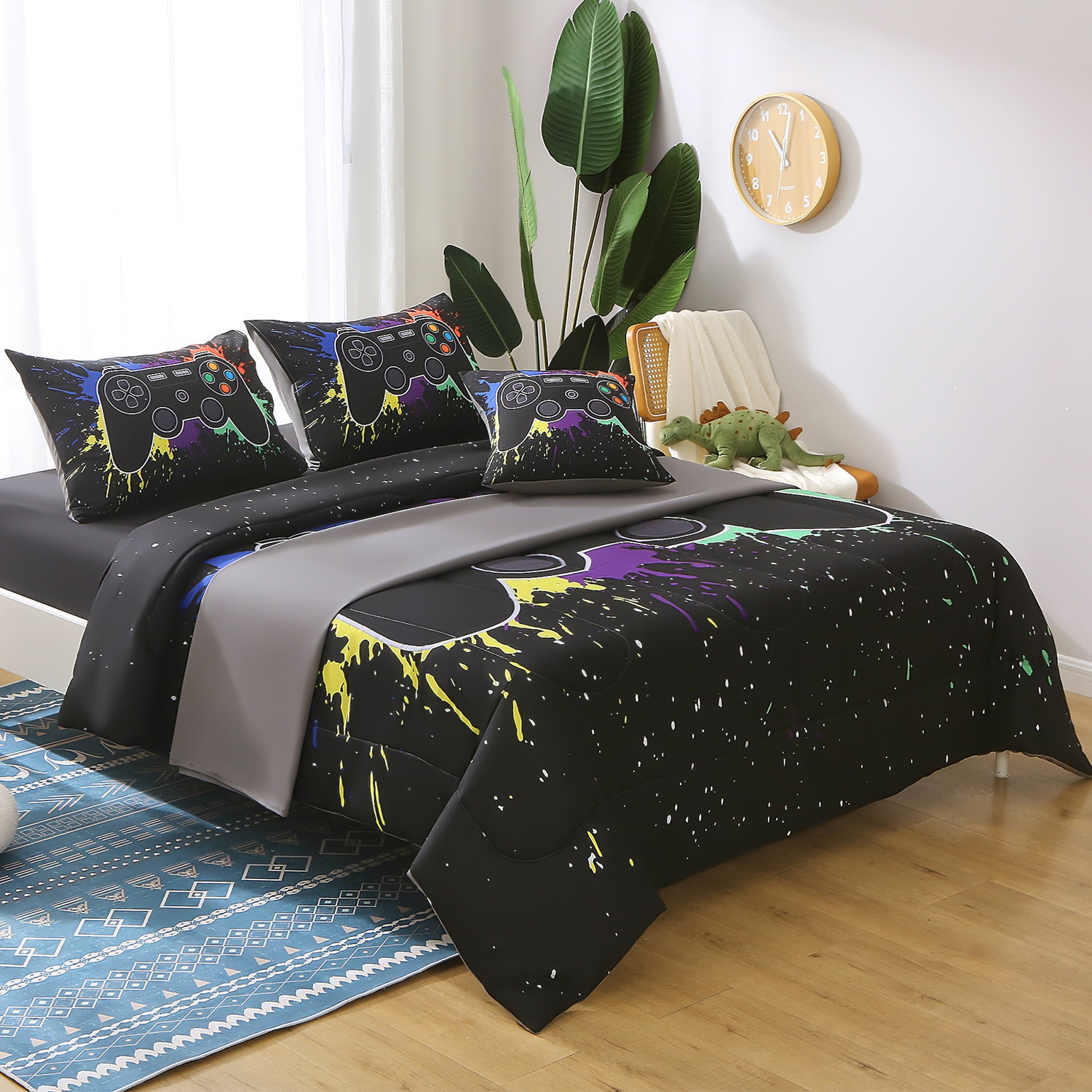 OKKEEY Boy Full Gaming Comforter Sets, 6 Pcs Video Gamer Bed in a Bag for Kids Teens, Ps5 Xbox Bedding Set Children's Room Decor Gift, Soft Microfiber Black Graffiti Game Bed for All Season
