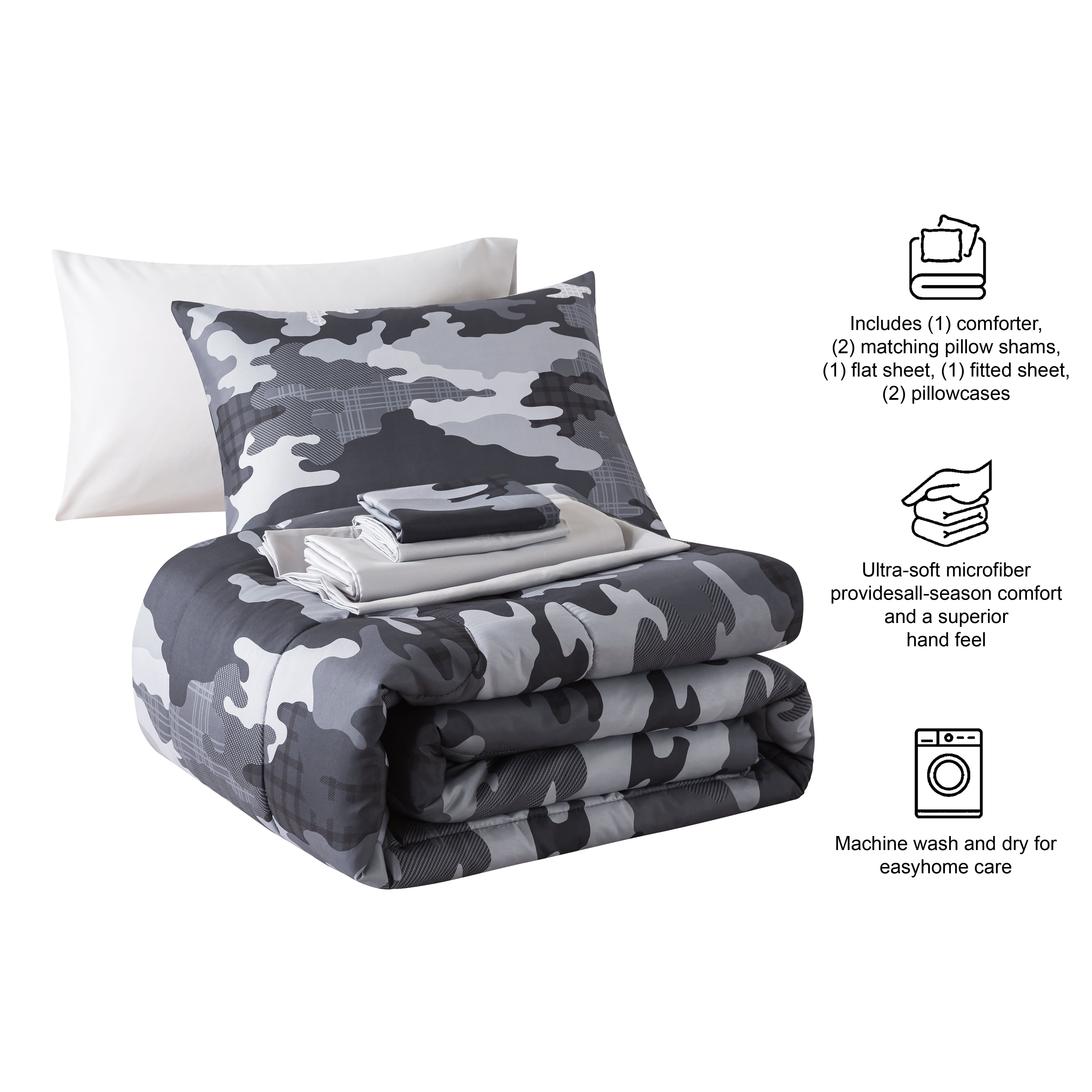 Your Zone 7-Piece Gray Camouflage Bedding Set for Kids with Storage Bag, Full