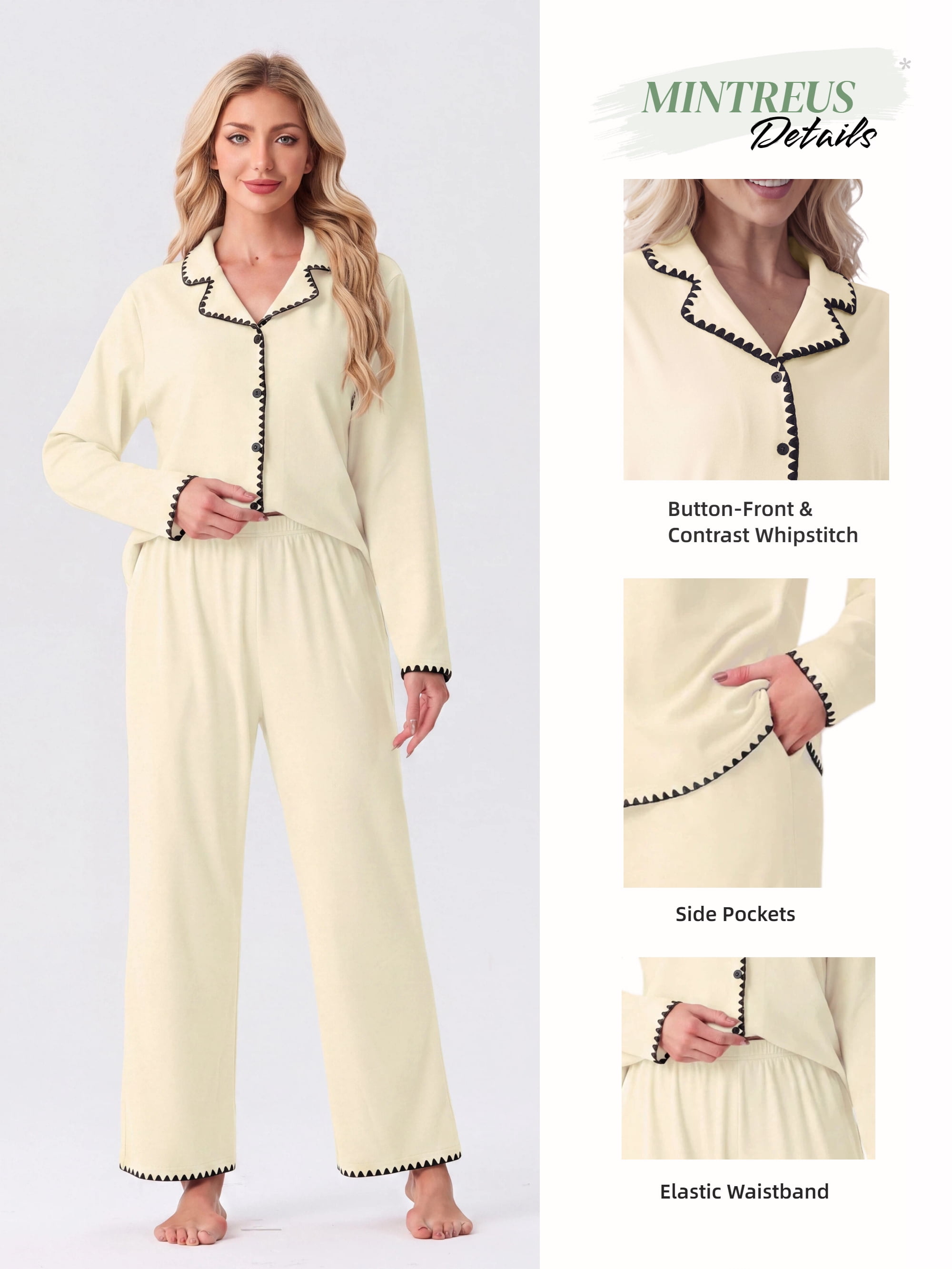 MINTREUS Pajamas for Women Set Warm Fleece Button Up Sleepwear Ultrasoft Pjs Long Sleeve Lounge Sets with Pockets