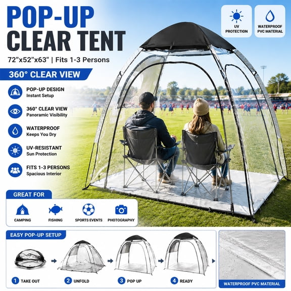 Soapow Pop-up Sports Tent, 72x52 in Clear Bubble Tent, Waterproof UV-Resistant Outdoor Shelter for 1-3 Persons Fishing Camping Sports Events