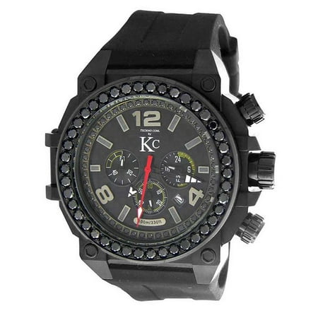 - KC Men's Stainless Steel Chronograph Watch Carbon Fiber Dial 4ct Genuine Black Diamond Rubber Strap