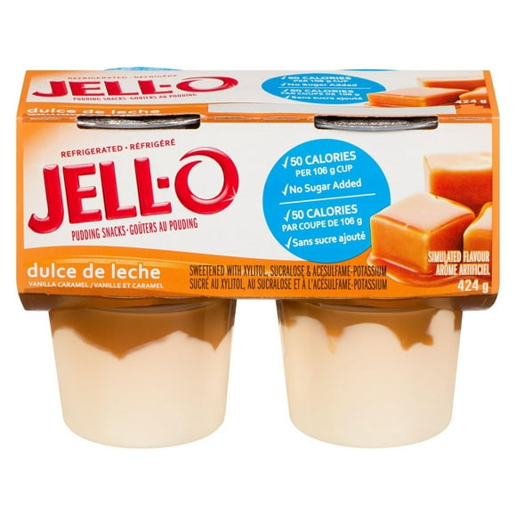 Jell-O Dulce de Leche No Sugar Added Ready-to-Eat Refrigerated Pudding Cups Snack, 4 ct Cups, 4 cups