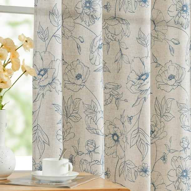 Cortinas de lino estampado floral JINCHAN 160x160 cm azul 2 paneles