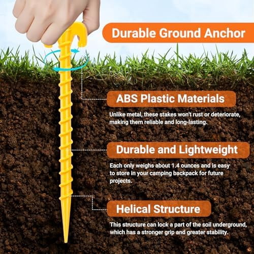 15 Pack Plastic Spiral Tent Stakes - 10 Inch Heavy Duty Screw-in Sand Anchors Pegs - Windproof Plastic Ground Anchor Stakes for Secure Tents, Inflatables, Canopies, Tarps, Garden Structures
