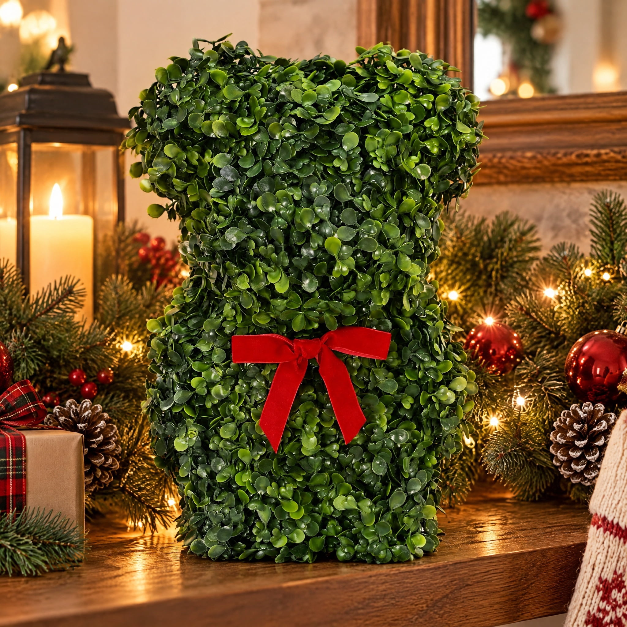 Topiary Bear Christmas Decoration, Green and Red, 13", by Holiday Time