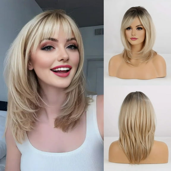 Blonde Wigs for Women Ombre Light Blonde Wig with Bangs Layered Middle Length Synthetic Wig Dark Roots Hair for Daily Party Blonde#