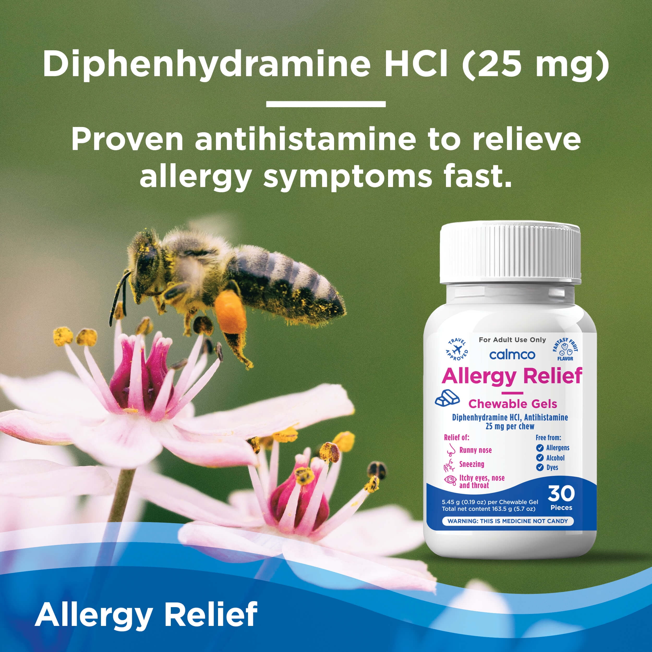 CalmCo Adult Allergy Relief Chewable Gels with Diphenhydramine - Chewable Antihistamine for Sneezing, Runny Nose & Itchy Eyes, Nighttime Allergy Medicine for Ages 12+, Fantasy Fruit Flavor, 30 Pieces