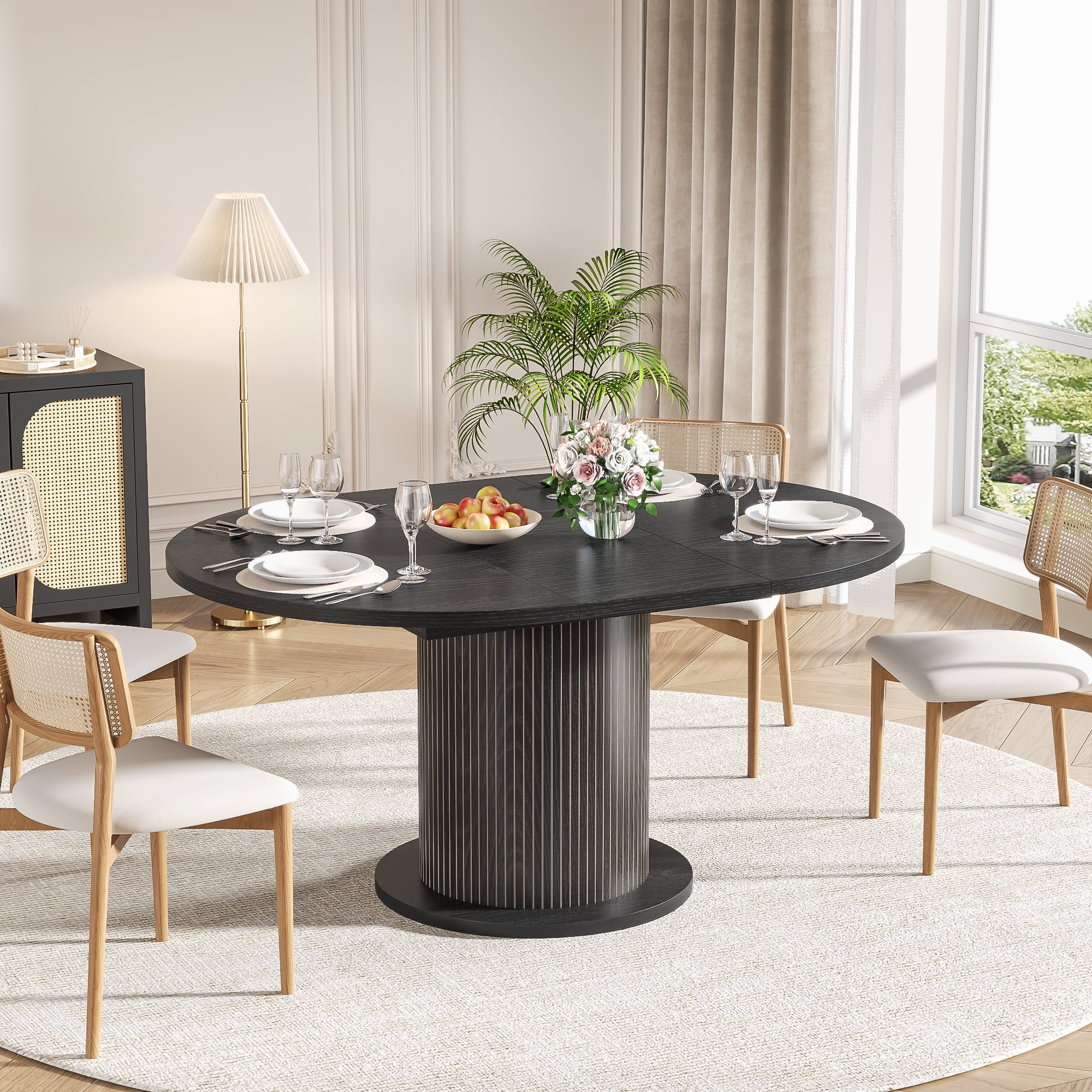 59" Extendable Round Dining Table for 4-6, Modern Oval Kitchen Table with Fluted Base, Circle Dining Table for Living Room, Black
