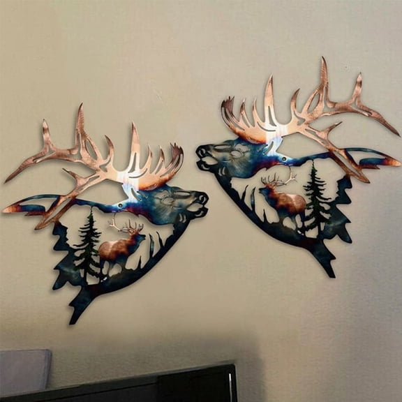 Vruelia 2 Pack Rustic Metal Wall Art Decor Cabin Hunting Decor Deer Hanging Hobbyists Wildlife Pictures in Western iron