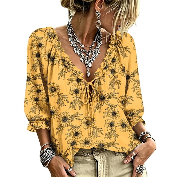 Women's Boho Printed Blouse,3/4 Sleeve Lace-Up V-Neck Peasant Top Summer,Ruffle Blouse