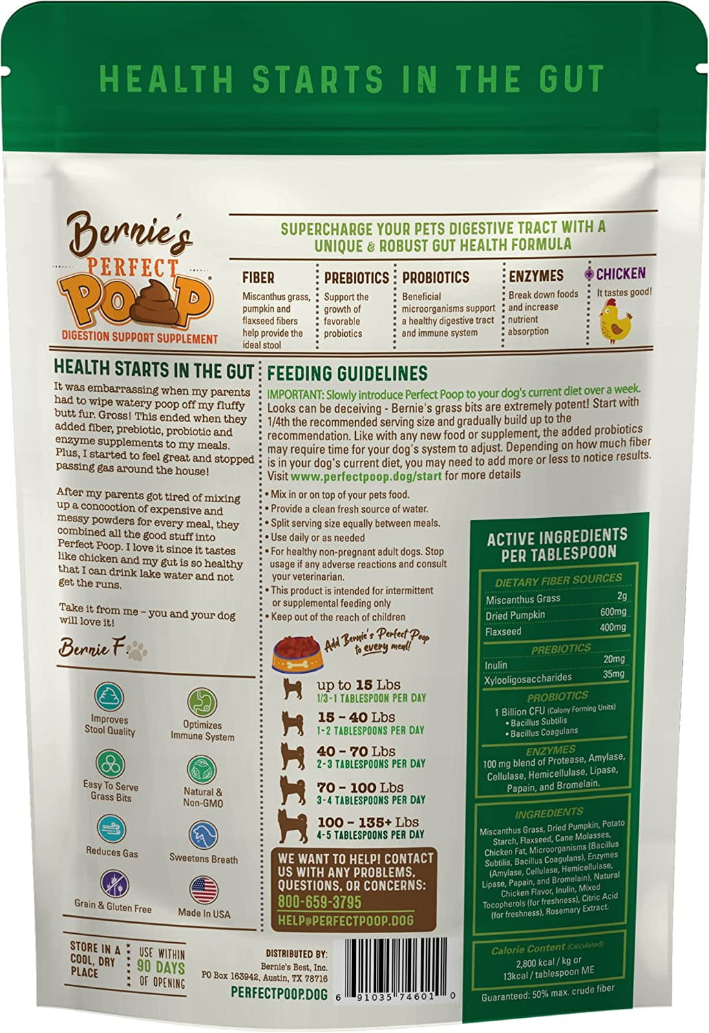 Bernie’s Perfect Poop Digestive Supplement for Dogs, 4.2 oz Chicken, 4-in-1 Formula with Prebiotics, Probiotics, Fiber & Enzymes