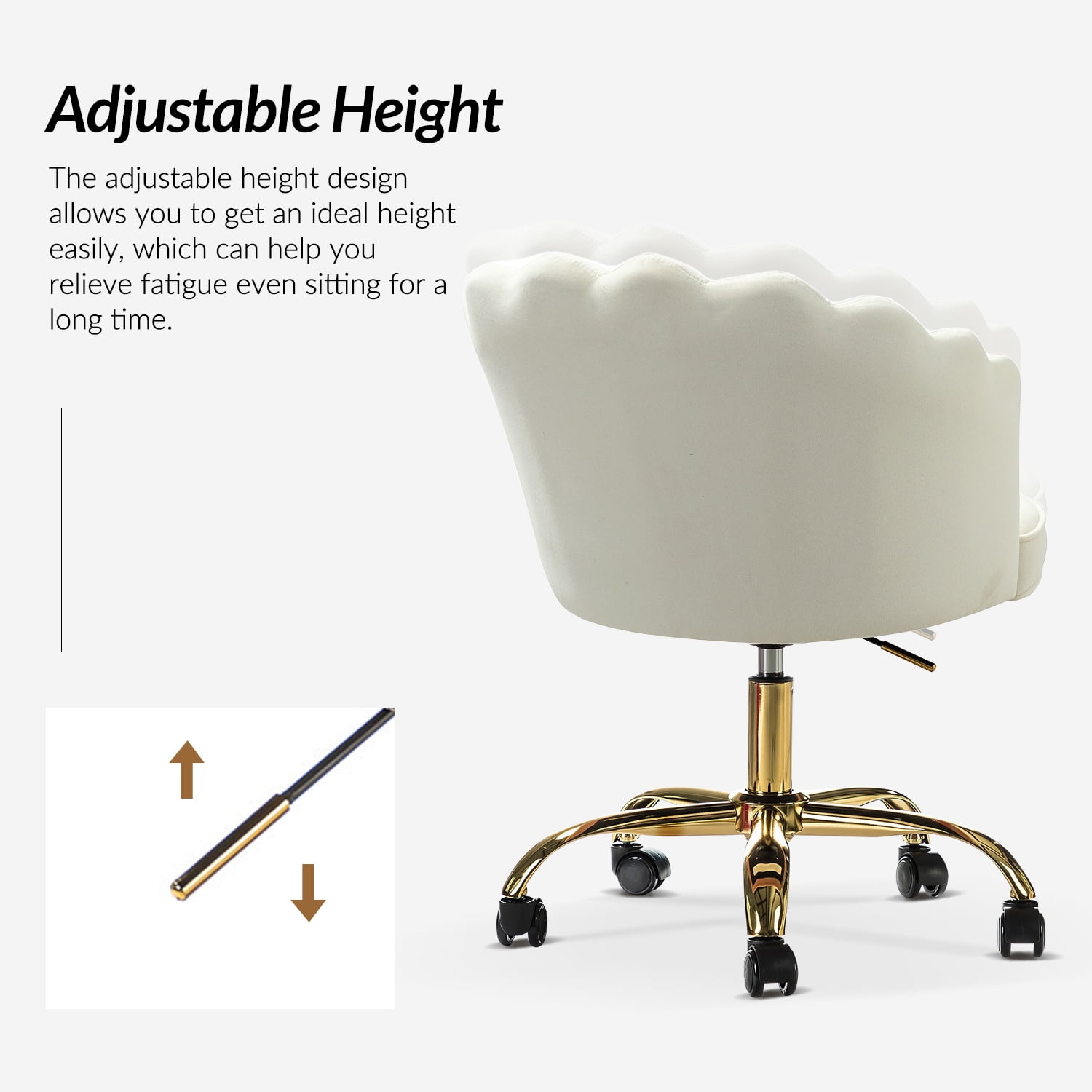 Tina's Home Makeup Vanity Table Chair Velvet Upholstered Shell Backrest Swivel Adjustable Gold Legs Office Bedroom Ivory