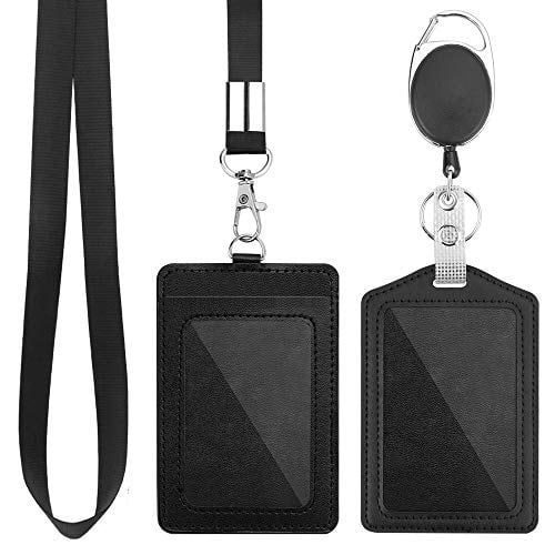 Vertical PU Leather ID Badge Holder with 2 Card Slots & 1 Clear ID Window Leather ID Badge Holder Gray, Vertical Name Tag Holder with a Detachable Neck Lanyard for Credit Cards Driver Licence 