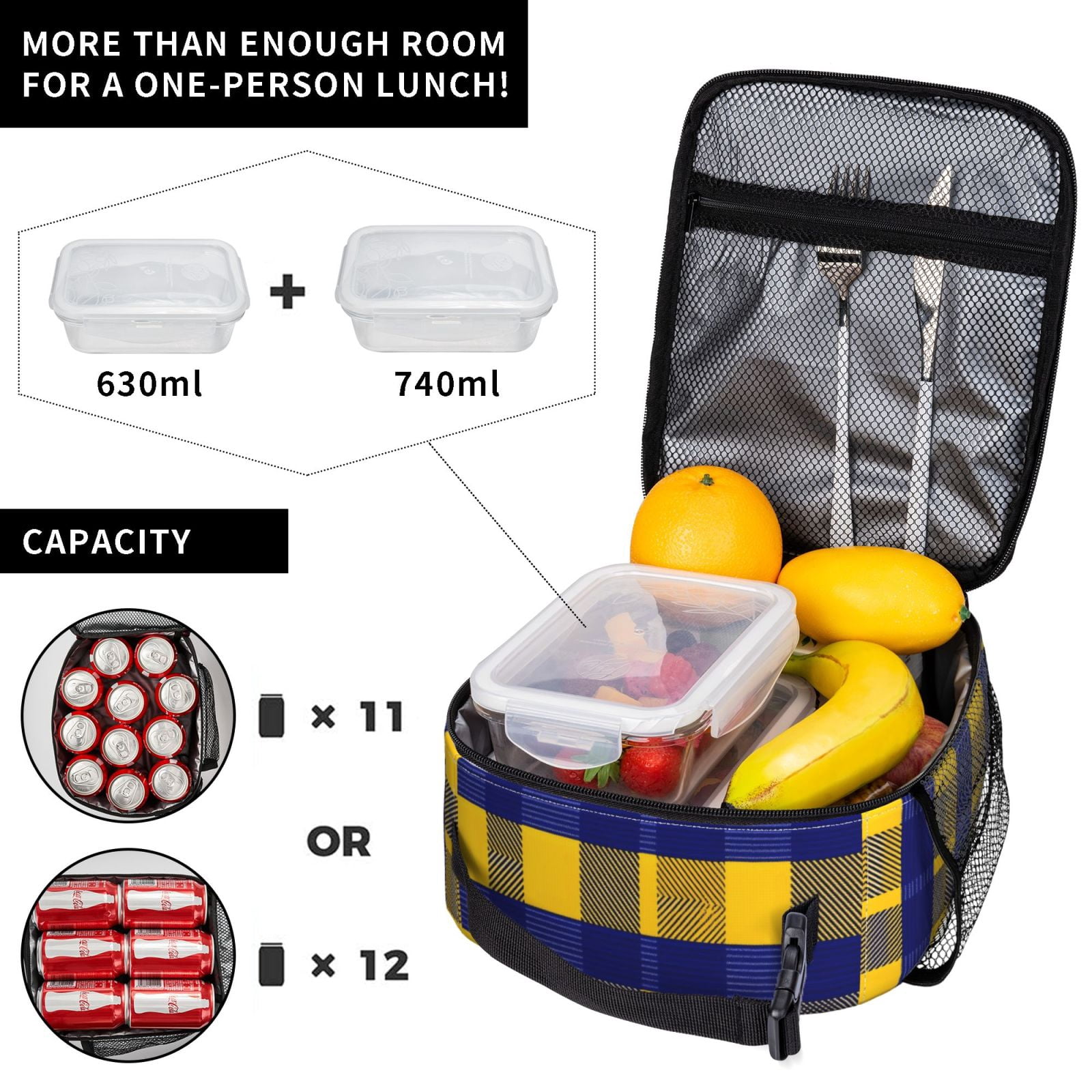 Lunch Bag For Women Men Insulated Portable Lunch Box Bento Box Office Picnic Travel Cooler Bag Buffalo Plaid Check Yellow Royal Blue