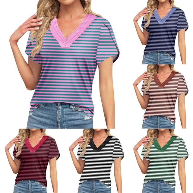 JDQJBZ T-Shirt à Manches Courtes pour Femmes, Haut d'Été; Haut Ample et Décontracté à Rayures, à Blocs de Couleur, à Col, à Manches Courtes pour Femmes