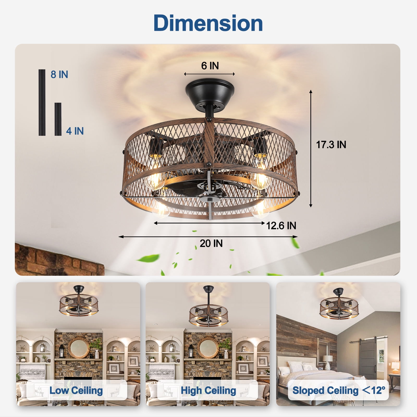 20-Inch Walnut Outdoor Ceiling Fan with Light: Ceiling Fan with Smart Remote Control, Farmhouse Cage Design, 6-Speed Reversible - Flush Mount for Patio, Kitchen, Bedroom