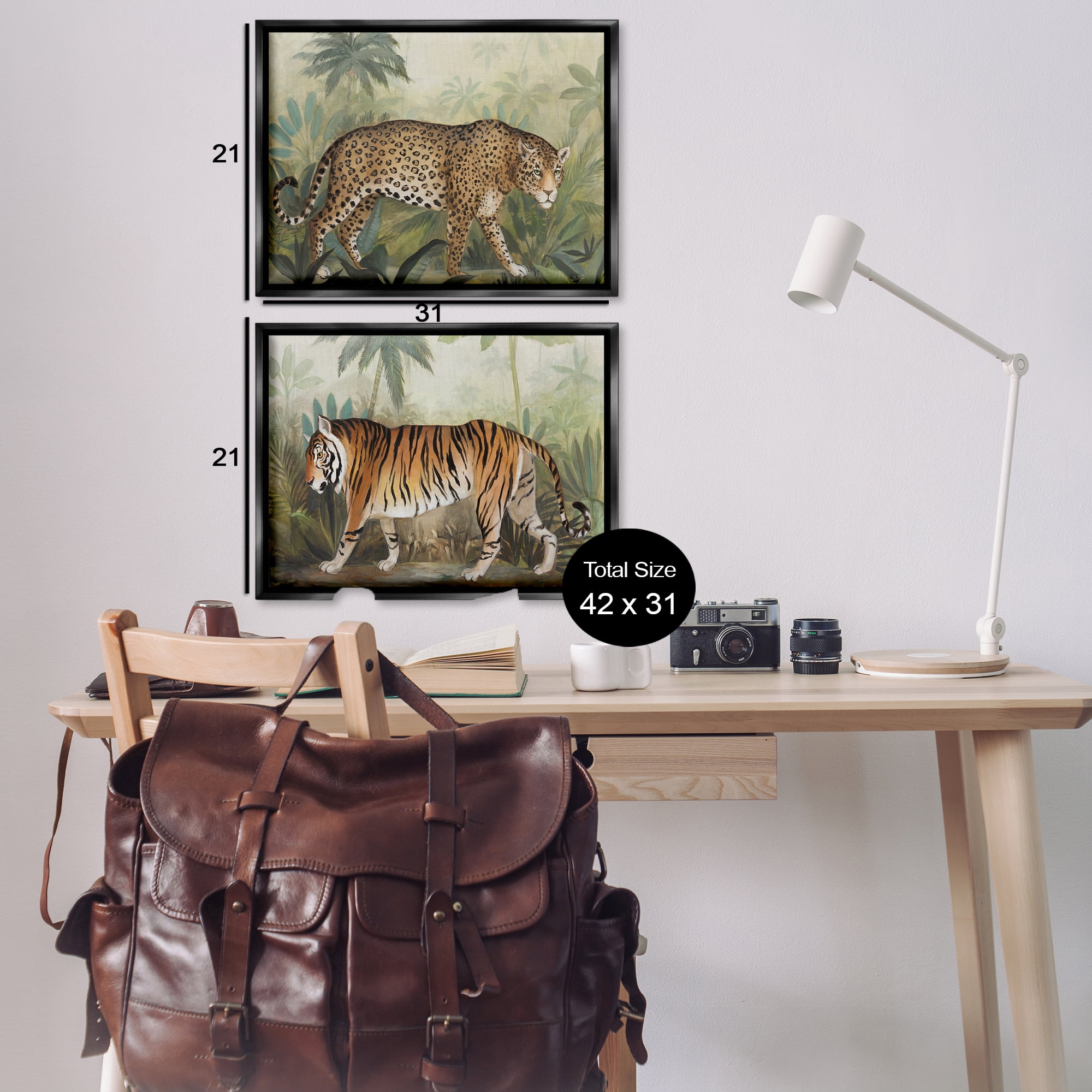Stupell Industries Jaguar & Tiger Jungle Scene Animals Painting Black Floater Framed Canvas Art Print Wall Art, 31 x 21, Set of 2