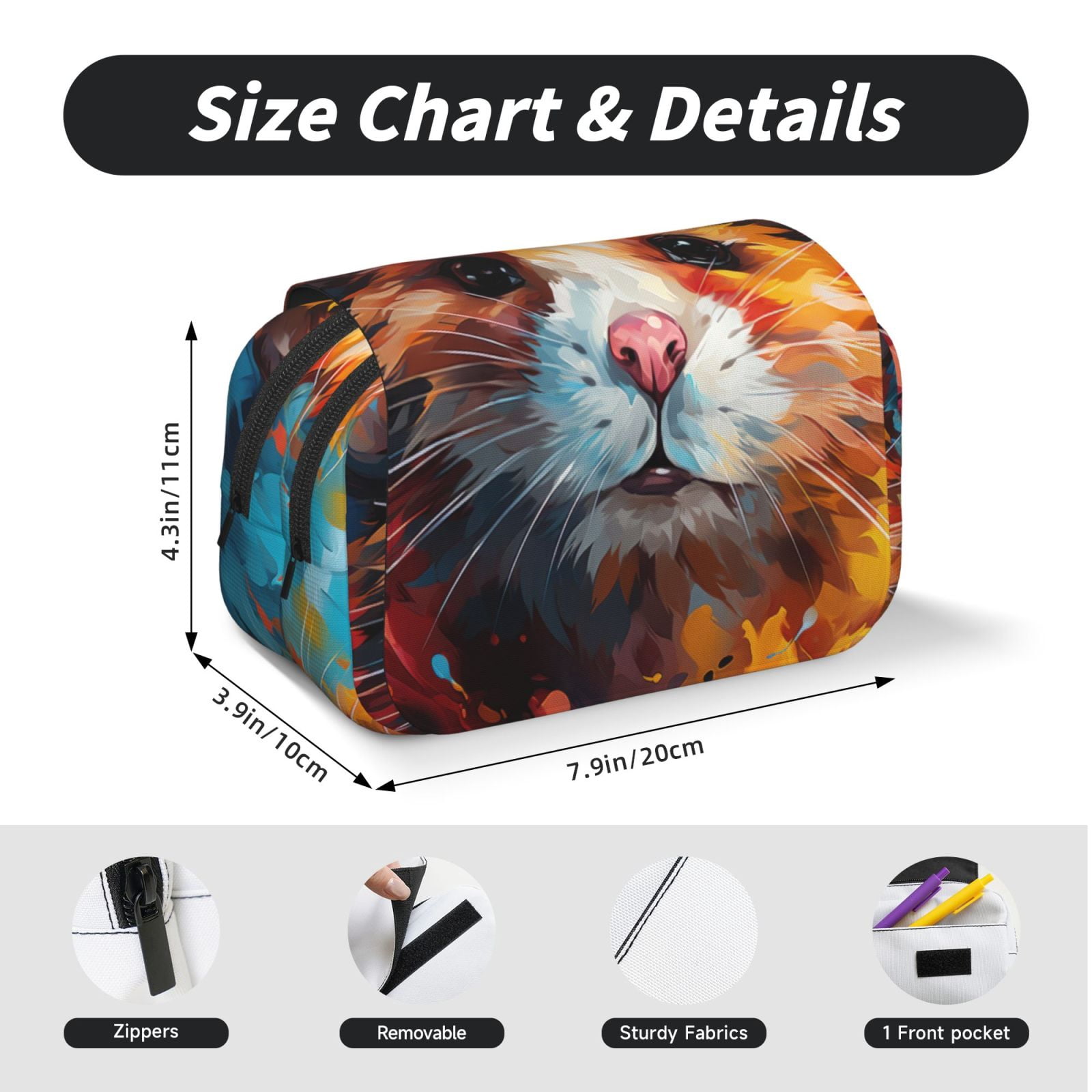 Rateoe Oil Painting Colorful Hamster Pattern Double Clamshell Pen Case, Storage Organizer with Two Zipper Compartments– Holds Up to 50 Pencils & Pens