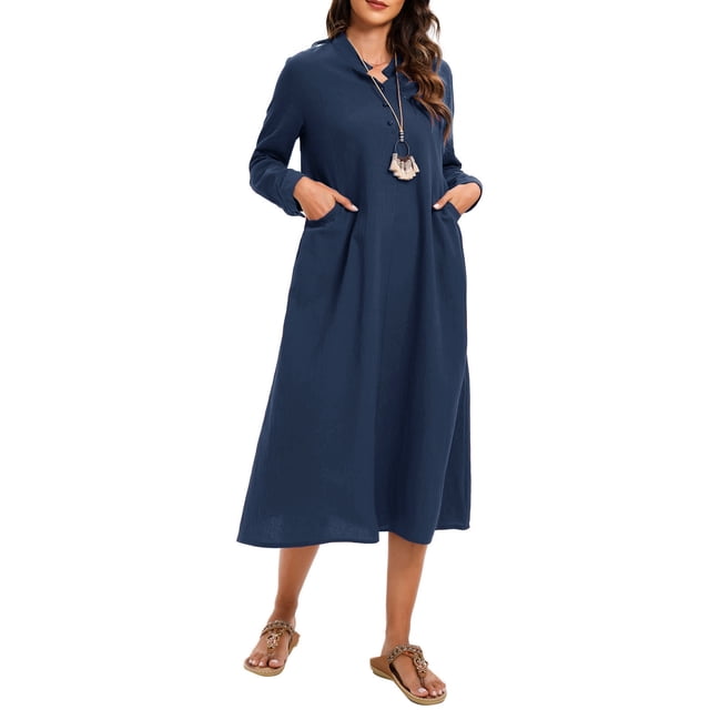 Vestido de mujer de manga larga con bolsillos, talla grande, informal, para vacaciones