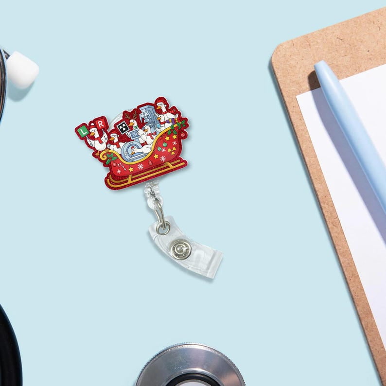 TiniDecor Christmas Goose Sleigh Badge Reel, Red Retractable ID Holder, Cute Holiday Gift for Nurses