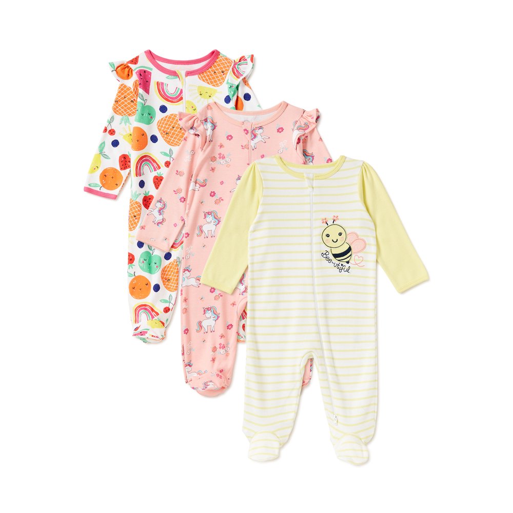 Wonder Nation Wonder Nation Newborn Baby Girl Sleep and Play Pajamas, 3 Pack, Preemie6/9