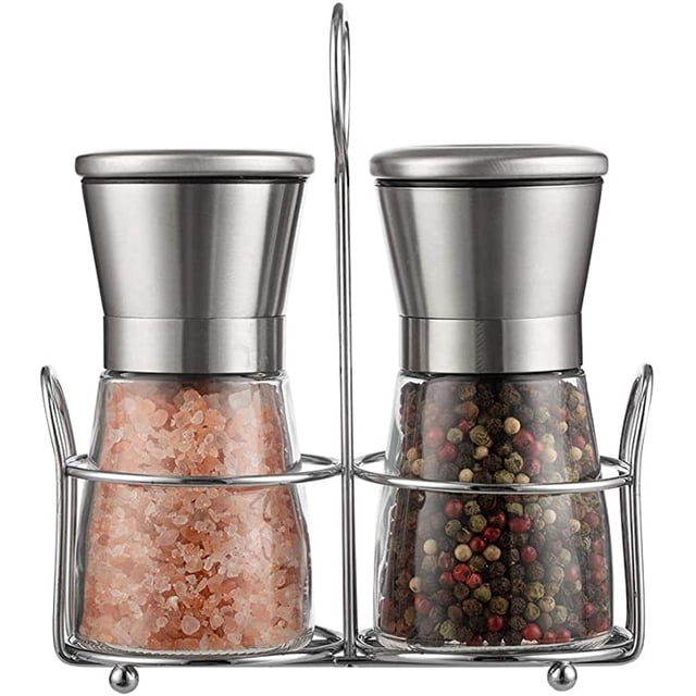 Beautiful Stainless Steel Salt and Pepper Grinder Set of 2 - Pepper Mill & Salt Mill with Adjustable Coarseness - Glass