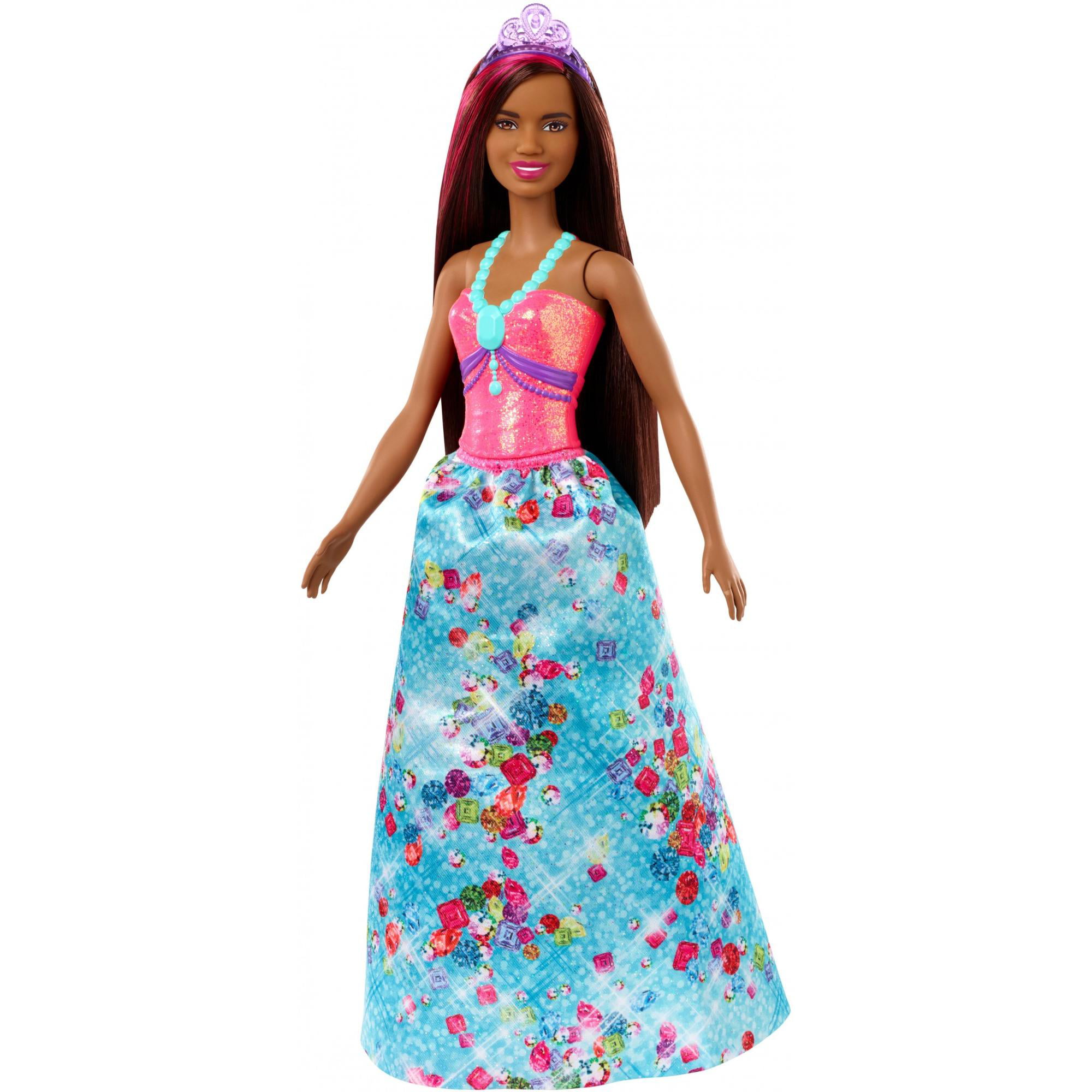 Barbie Doll, Brunette, Wearing Yellow And Purple Heart-Print Dress 