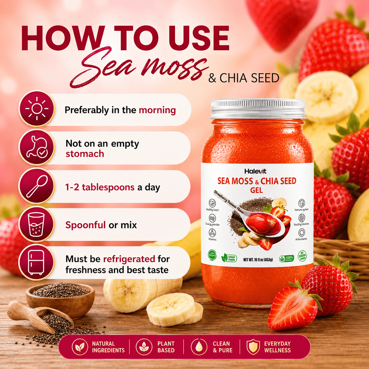 Halevit | Irish Sea Moss Gel | Sea Moss, Chia Seeds, Berry, Strawberry - Banana | Pack Of 2 Jars | Made In USA