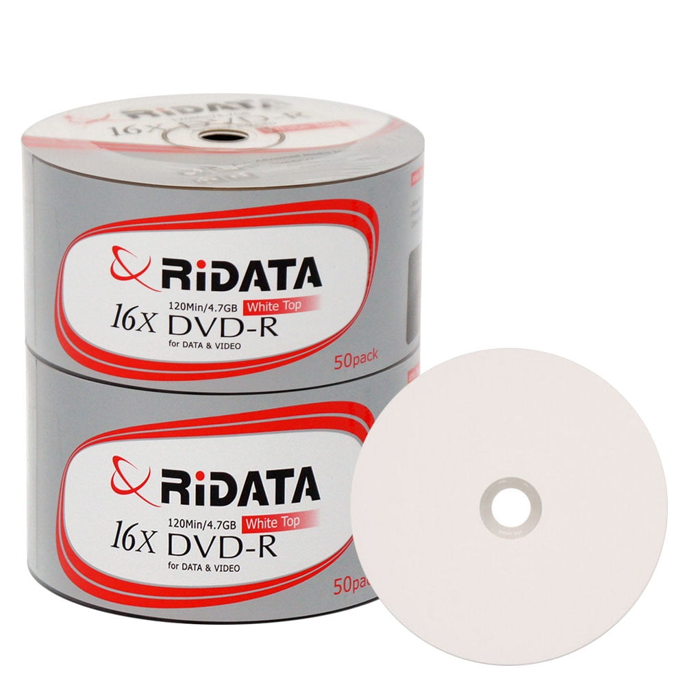 100 Pack Ridata DVD-R 16X 4.7GB 120 Min White Top Non-Printable Blank ...