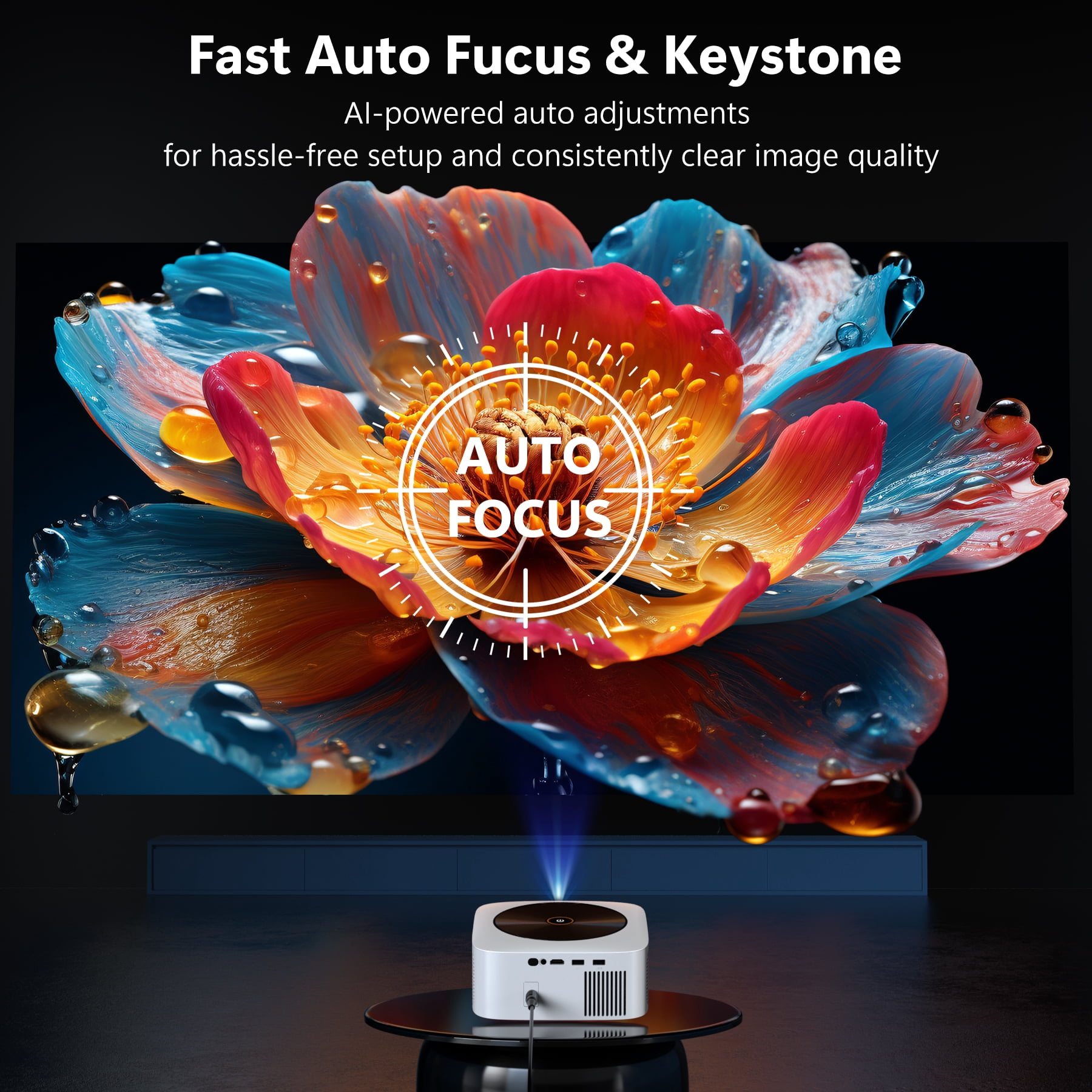 HAPPRUN 1500 ANSI Lumens Smart Projector with Built-in Streaming Apps, 4K Decoding Movie Projector with WiFi & Bluetooth, Dolby Audio, Auto Focus & Keystone, Outdoor Projector for Home Theater