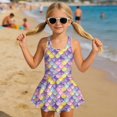 thumbnail image 3 of COEQINE Girls One Piece Bathing Suit with Skirt Bottom, Scoop Neck Tankini Style Pretty Swim Dress Beach Swimwear for Girls 8-9 Years, Machine Washable, Purple Yellow Mermaid Scales, 3 of 8