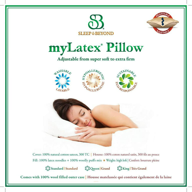 Sleep & Beyond myLatex® Pillow, 100% natural, adjustable and washable latex  and wool filled pillow, Queen 20x30 