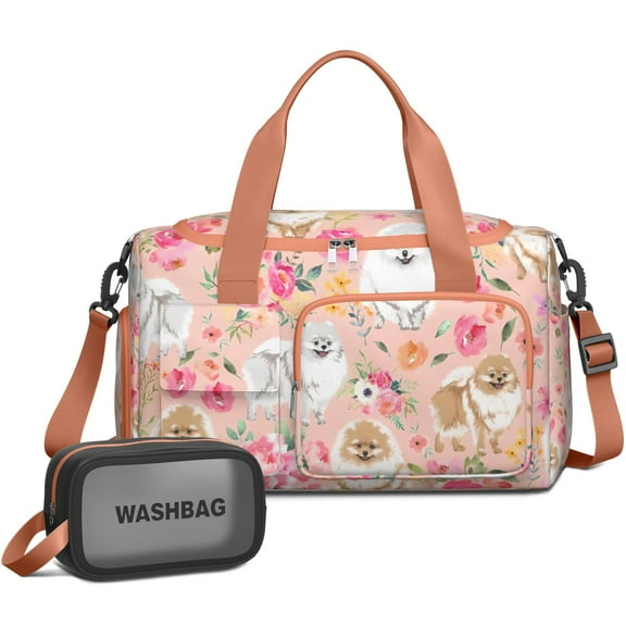 Women Men Gym Bag,Pomeranian Dogs and Pioneer Flower Small Duffle Bag Spend the Night Bags for Women with Shoes Compartment Washbag,Detachable Shoulder Strap,19.7x8.3x11 Inches