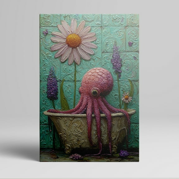 1pc Quirky Pink Octopus in a Bathtub with Daisies and Lavender Framed Decor room hanging Wall Picture Decor for Home Gifts, living room, bathroom, bedroom, kitchen wall art decor canvas wall art